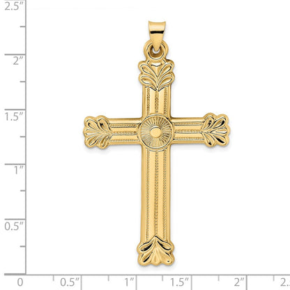 14k Yellow Gold Polished and Textured Circle Center Cross Pendant