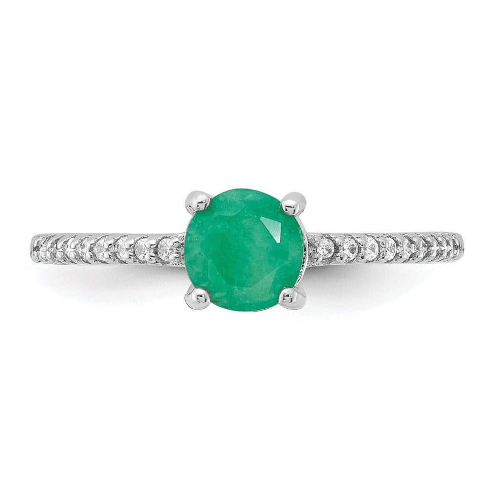 Sterling Silver Rh-plated-plated 1.0EM Emerald and .12WT White Topaz Ring Size 8