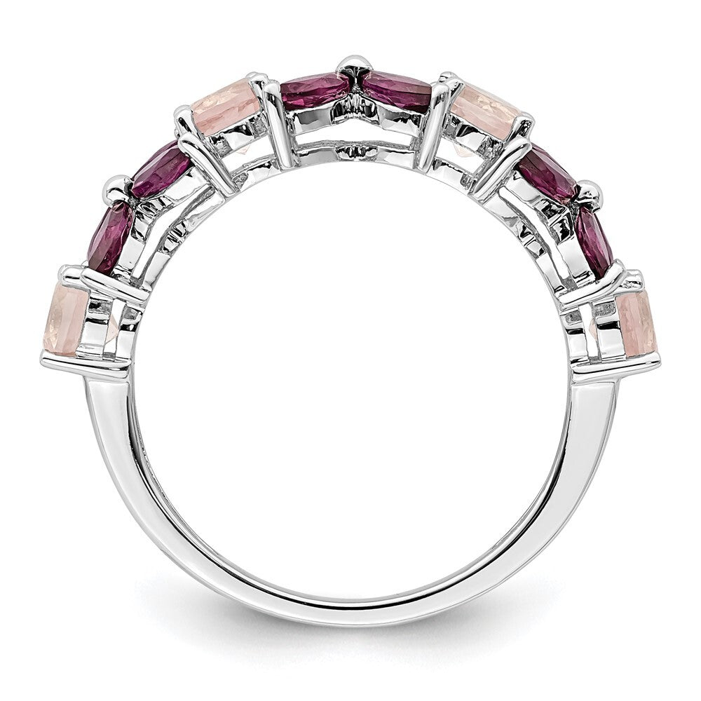 Sterling Silver Rhodium-plated Rose Quartz & Rhodolite Ring Size 8