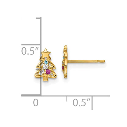 14k Yellow Gold Green Glass Red & Cubic Zirconia Christmas Tree Stud Earrings