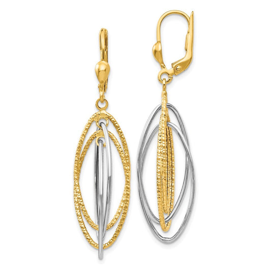 14k Two-tone Gold Textured and Polished Dangle Leverback Earrings