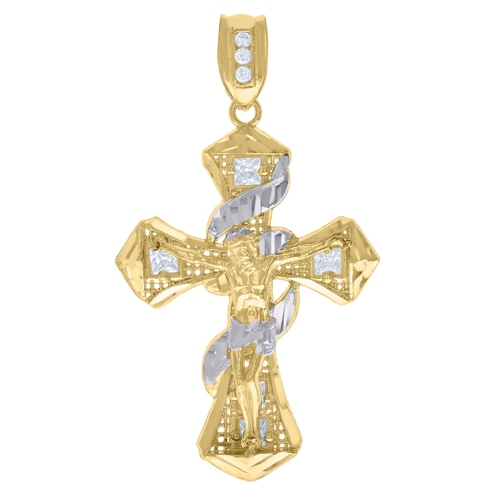 10k Two-Tone Gold Princess Cut Cubic-Zirconia Religious Cross Crucifix Pendant