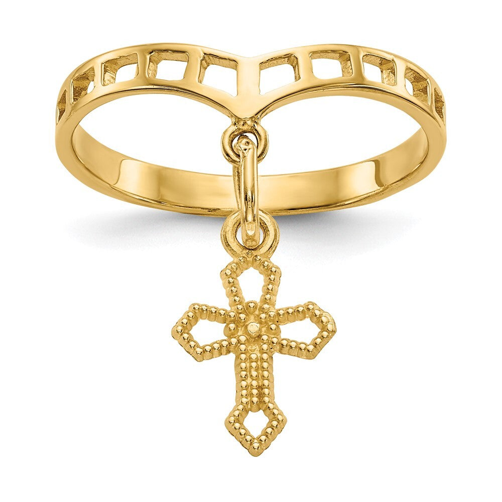 14K Yellow Gold Polished Cross Dangle Charm Ring