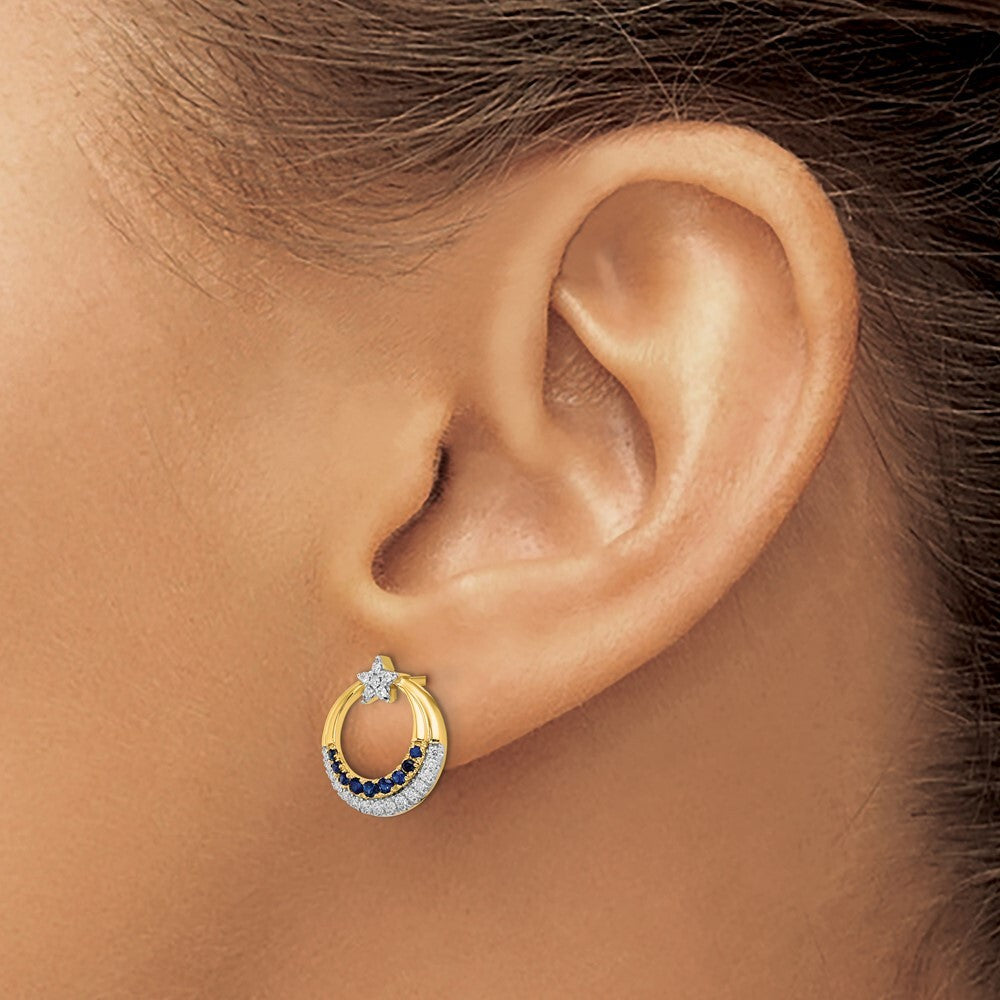 14k Yellow Gold Polished Sapphire and Diamond Star and Circle Stud Earrings