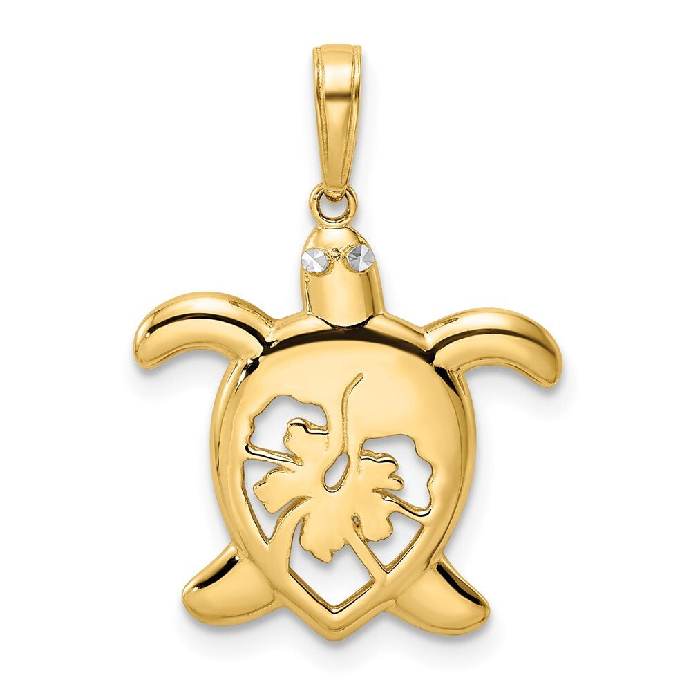 14k Yellow Gold and White Rhodium Diamond-cut Floral Turtle Pendant