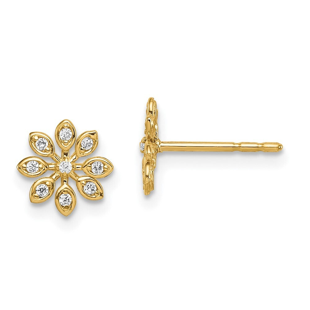 14k Yellow Gold Cubic Zirconia Flower Stud Earrings Gift for Women