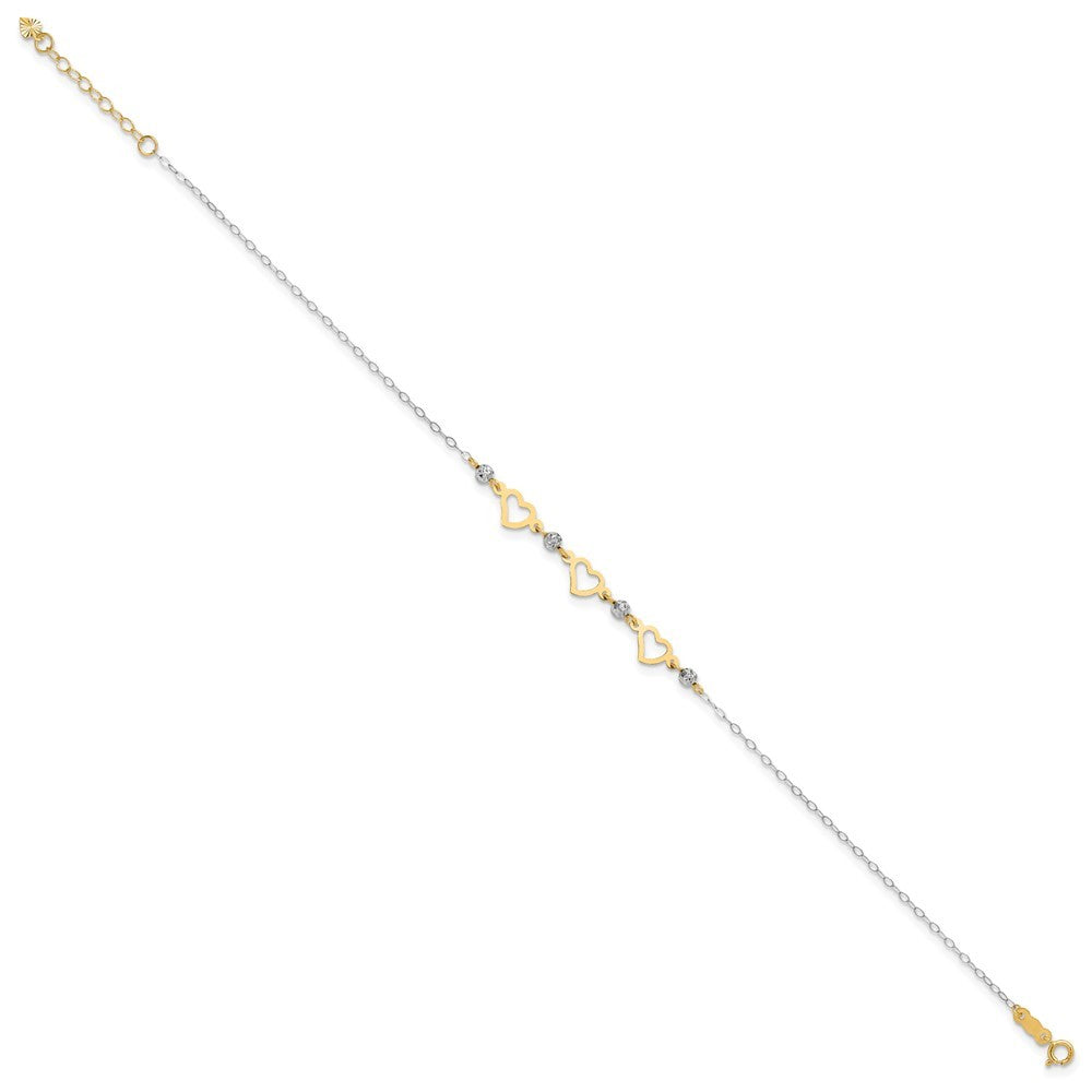 14K Two-tone Three Hearts and Diamond-cut Beads 11" Anklet