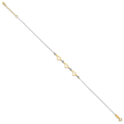 14K Two-tone Three Hearts and Diamond-cut Beads 11" Anklet