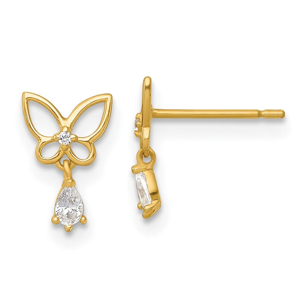 14k Yellow Gold Polished Cubic Zirconia Butterfly Dangle Earrings