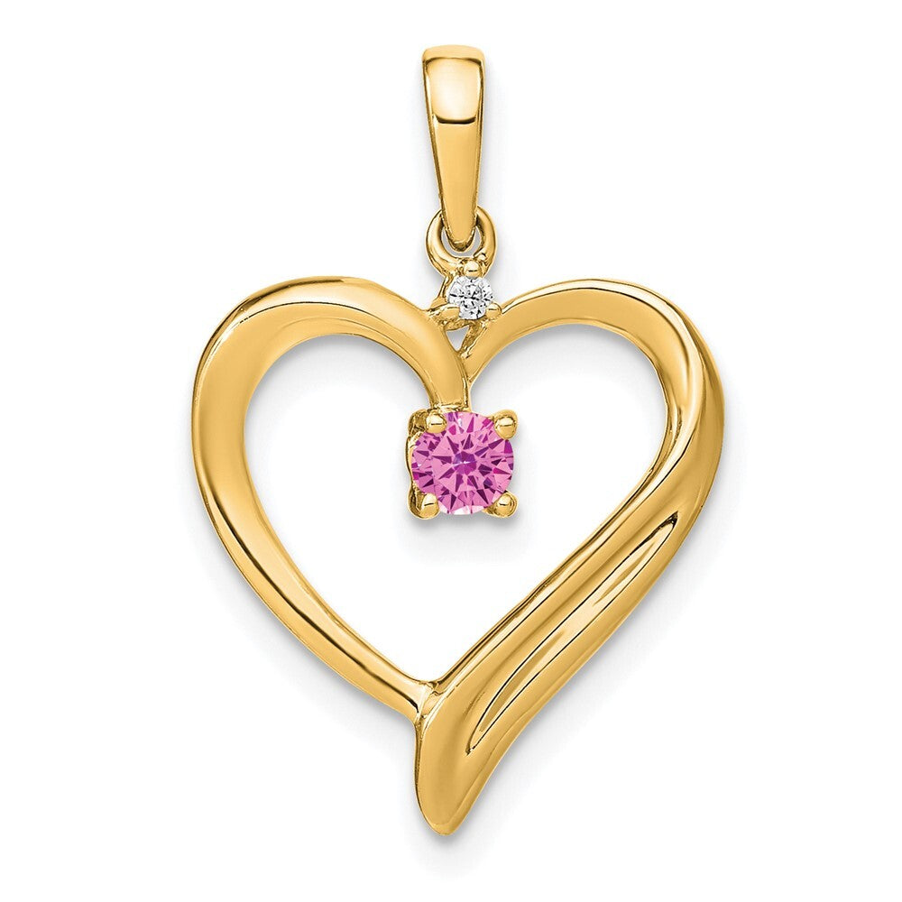 14k Yellow Gold Created Pink Sapphire and Diamond Heart Pendant for Women