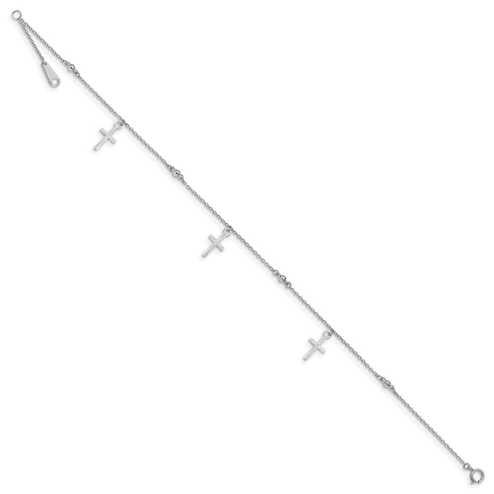 14k White Gold Diamond-cut 3 Cross Dangles and Beads 10" Anklet