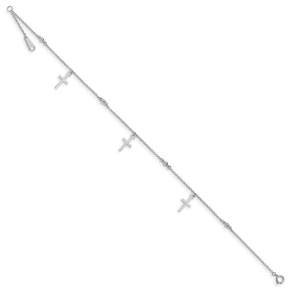 14k White Gold Diamond-cut 3 Cross Dangles and Beads 10" Anklet