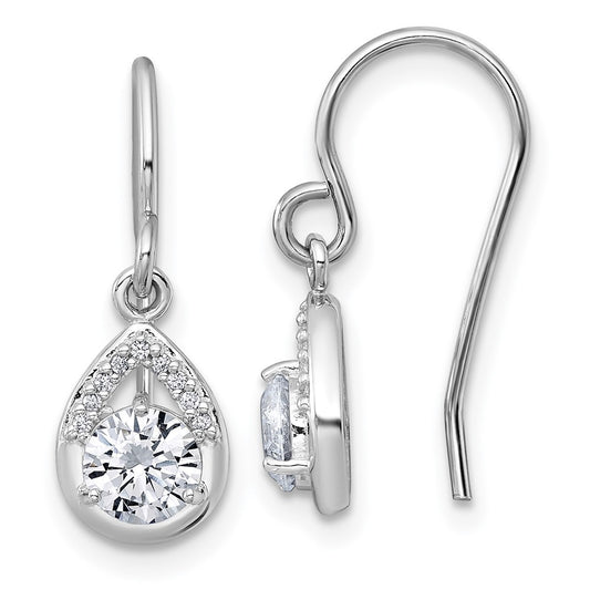 Sterling Silver Polished Round CZ Teardrop Dangle Shepherd Hook Earrings