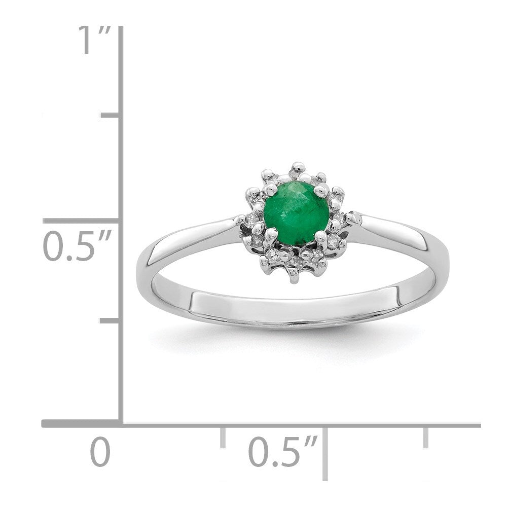 Sterling Silver Rhodium-plated Round Emerald & Diamond Ring Size 7