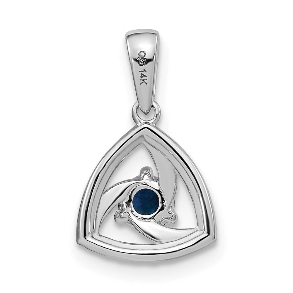 14k White Gold Diamond and Blue Sapphire Triangle Pendant for Women