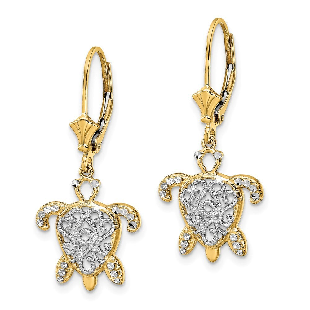 14k Yellow Gold & White Rhodium Diamond-Cut Filigree Turtle Drop Dangle Earrings