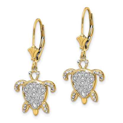 14k Yellow Gold & White Rhodium Diamond-Cut Filigree Turtle Drop Dangle Earrings