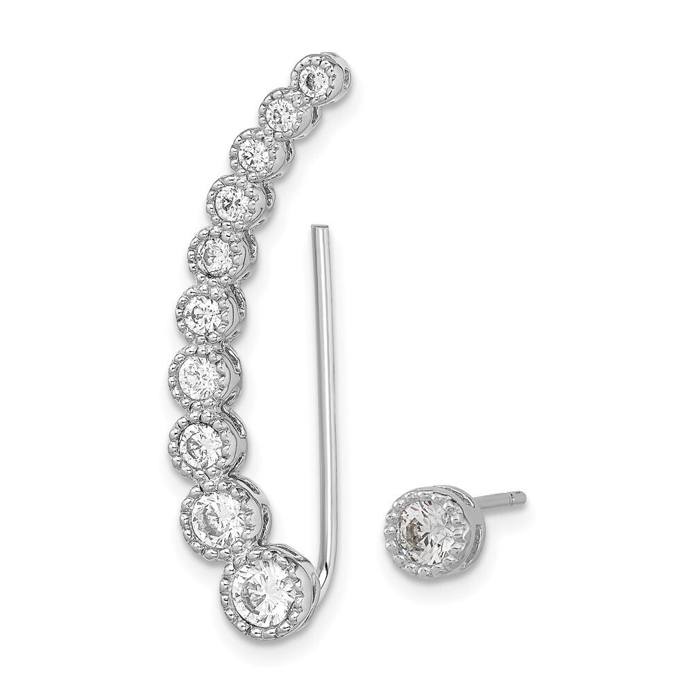 Sterling Silver Polished & Textured Cubic Zirconia 1 Ear Climber & 1 Stud Ear