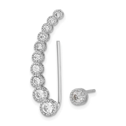 Sterling Silver Polished & Textured Cubic Zirconia 1 Ear Climber & 1 Stud Ear