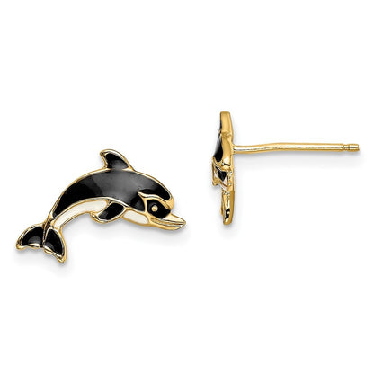 14k Yellow Gold White and Black Enamel Dolphin Earrings