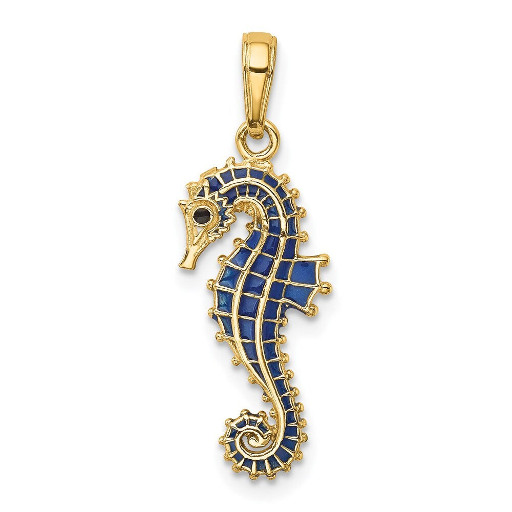 14k Yellow Gold 3-D Blue Enameled Seahorse Pendant for Women