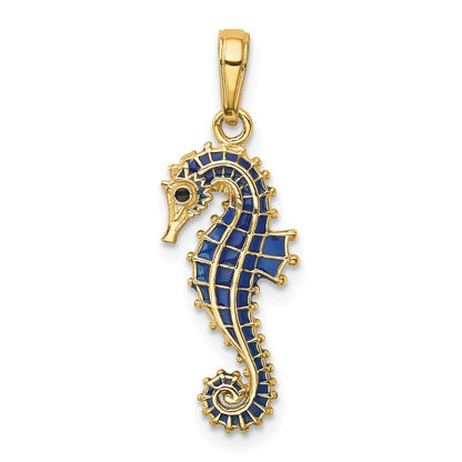 14k Yellow Gold 3-D Blue Enameled Seahorse Pendant for Women