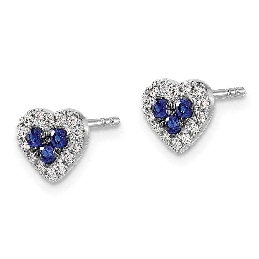 14k White Gold Diamond and Sapphire Heart Stud Earrings