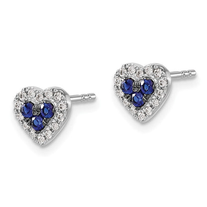 14k White Gold Diamond and Sapphire Heart Stud Earrings