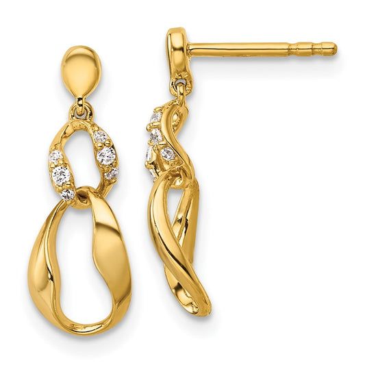 14k Yellow Gold Polished Diamond Wavy Oval Dangle Earrings