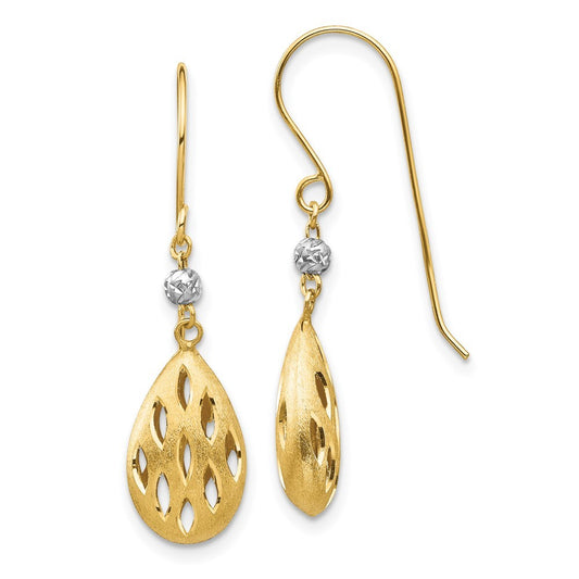 14k Two-tone Gold Diamond Cut Teardrop Dangle Earrings