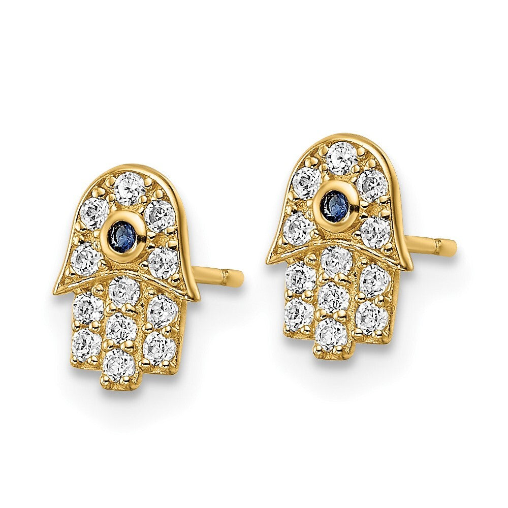 14k Yellow Gold Cubic Zirconia & Blue Glass Stone Hamsa Stud Earrings