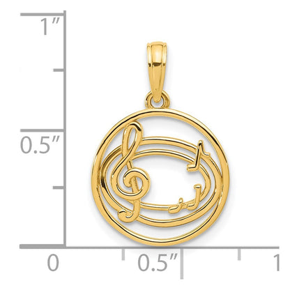 14k Yellow Gold Polished Music Notes in Circle Pendant for Women