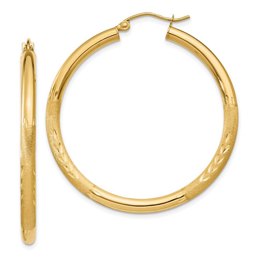 14k Yellow Gold Satin and Diamond-cut 3mm Round Hoop Earrings