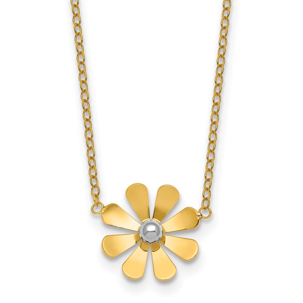 14k Yellow Gold Polished Daisy with White Rhodium Center Necklace 16+2"