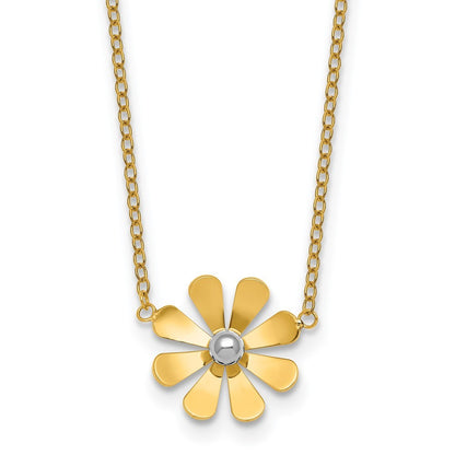 14k Yellow Gold Polished Daisy with White Rhodium Center Necklace 16+2"