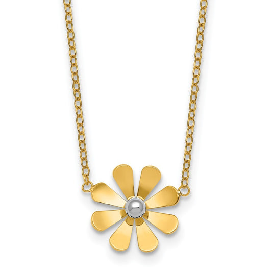 14k Yellow Gold Polished Daisy with White Rhodium Center Necklace 16+2"