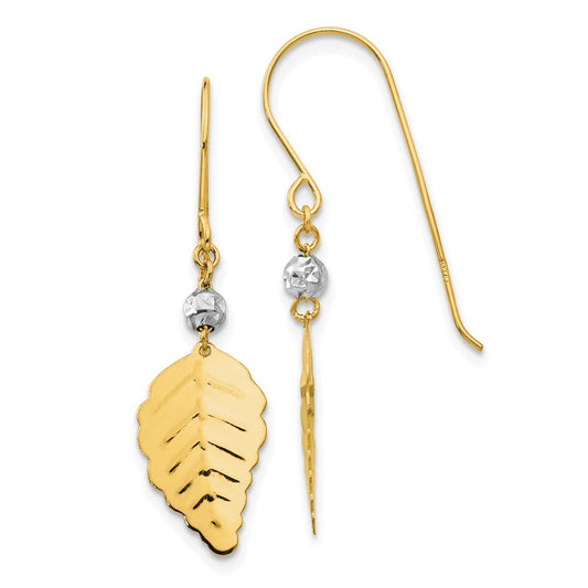 14K Two Tone Gold Stamped Leaf Shepherd Hook Drop & Dangle Earrings