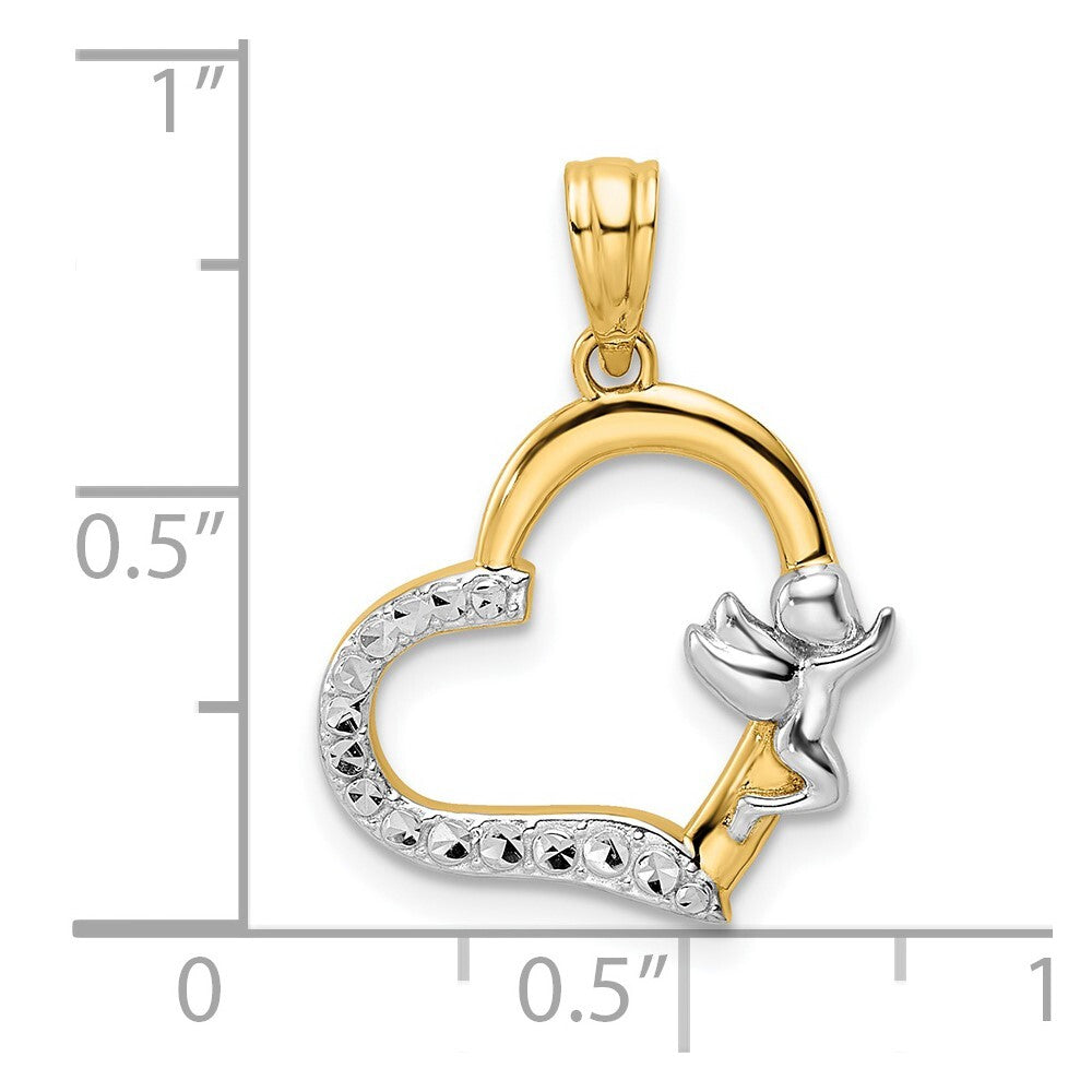 14k Yellow Gold & White Rhodium Cherub on Heart Pendant for Women