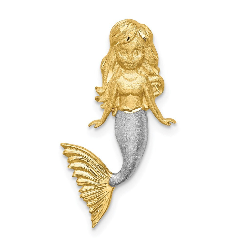 14k Yellow Gold White Rhodium Brushed Diamond-Cut Mermaid Chain Slide Pendant