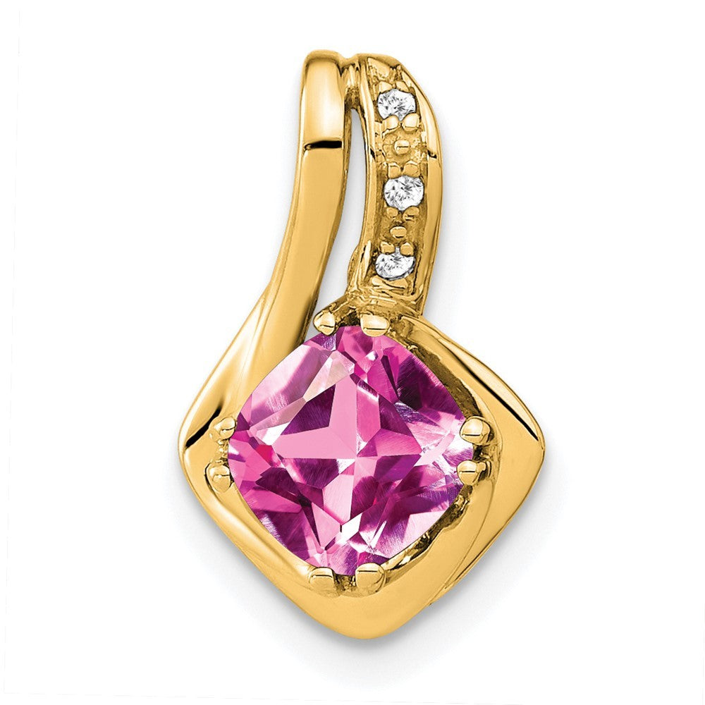 14k Yellow Gold Created Pink Sapphire and Diamond Pendant