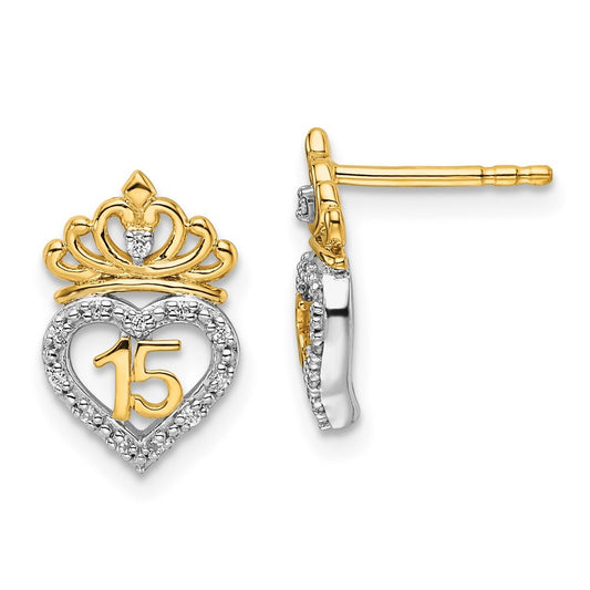 14K Two-Tone Gold Polished Diamond Quinceanera Heart/Crown Stud Earrings