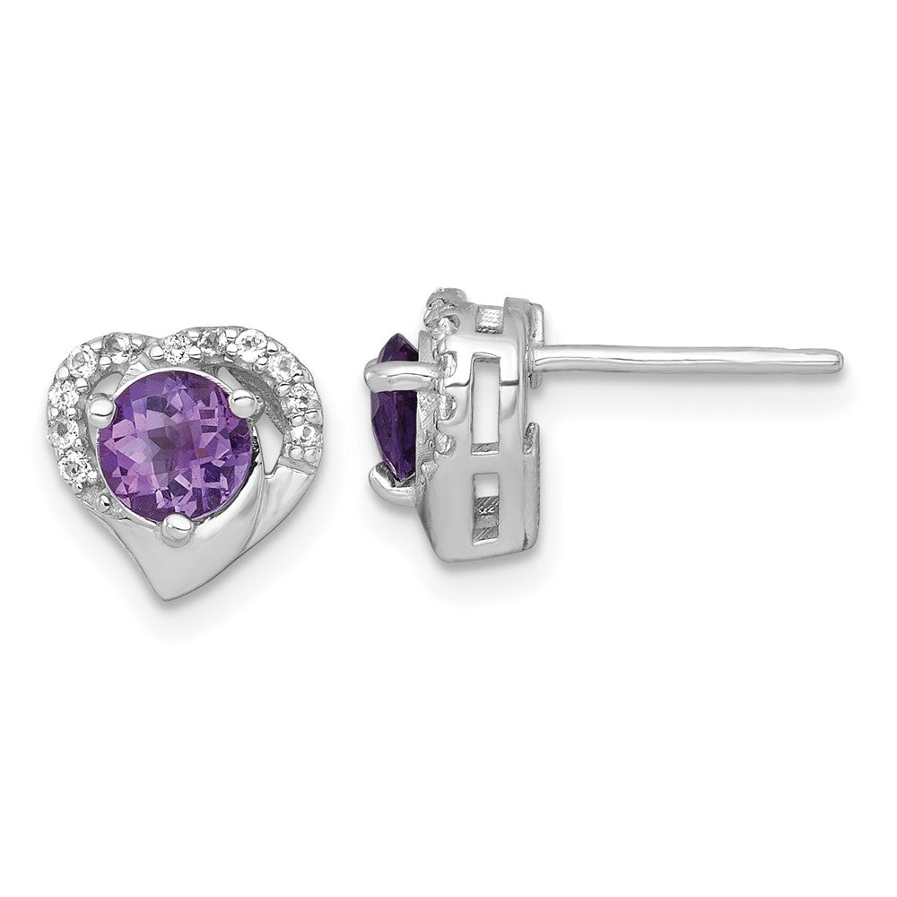 Sterling Silver Rhodium-plated Polished Amethyst and White Topaz Heart Earrings
