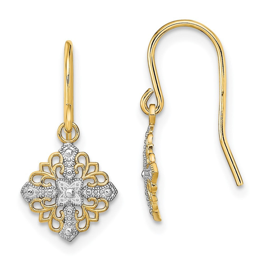 14k Yellow Gold w/Rhodium Fancy Filigree Dangle Wire Earrings