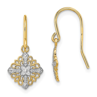 14k Yellow Gold w/Rhodium Fancy Filigree Dangle Wire Earrings