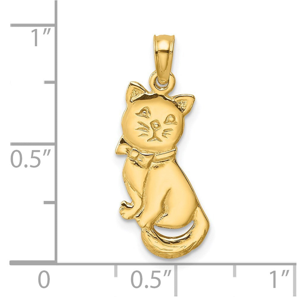 14k Yellow Gold 3-D Polished and Bow Sitting Cat Charm Pendant for Women