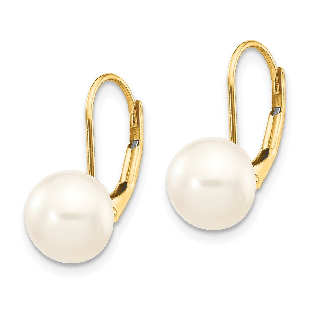 14k Yellow Gold 8-9mm White Button Freshwater Cultured Pearl Leverback Earrings