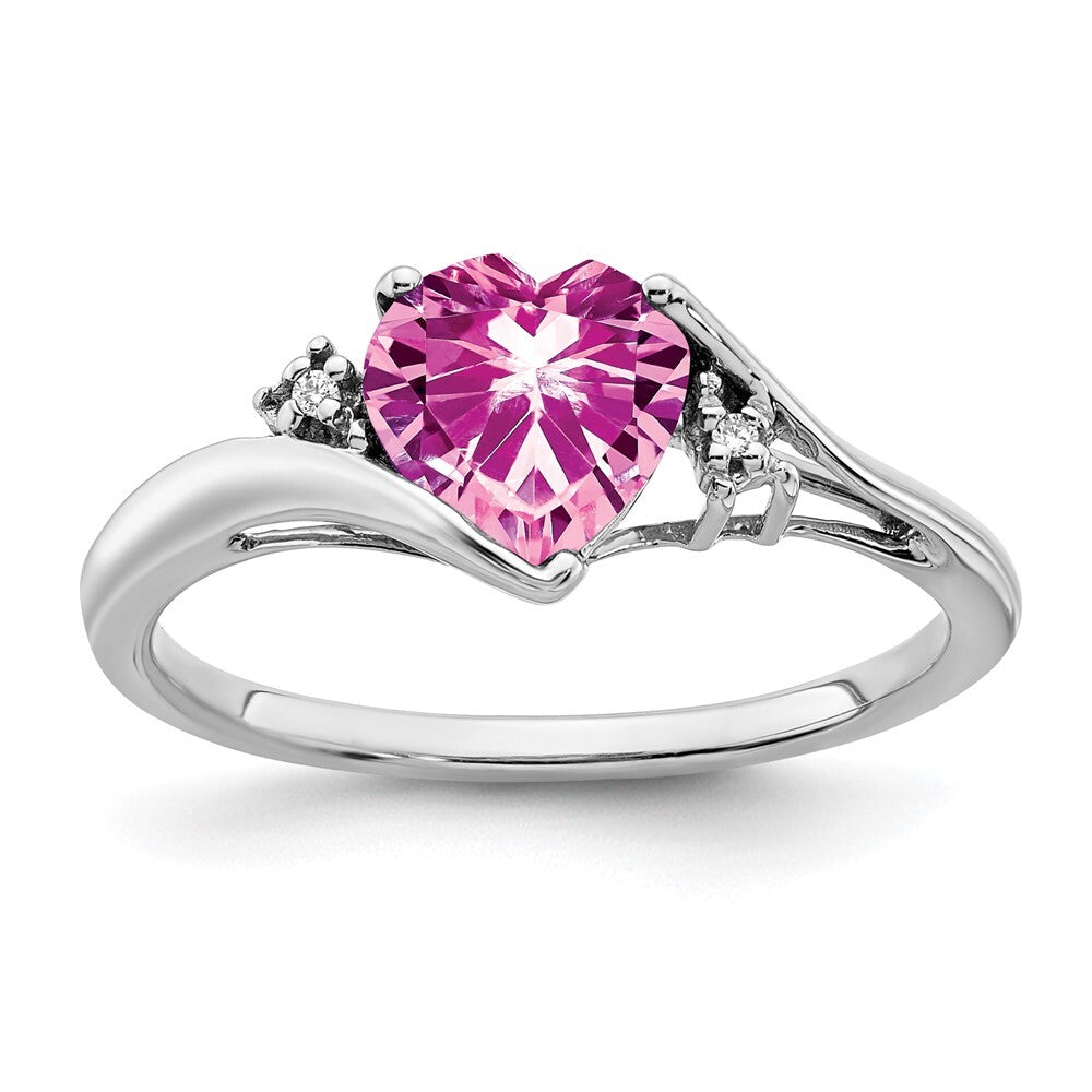 14k White Gold Created Pink Sapphire and Diamond Heart Ring Size 7