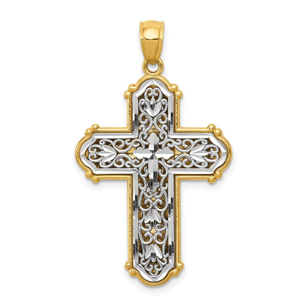 14k Yellow Gold Rhodium Reversible Diamond-cut Filigree Cross Pendant