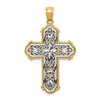14k Yellow Gold Rhodium Reversible Diamond-cut Filigree Cross Pendant