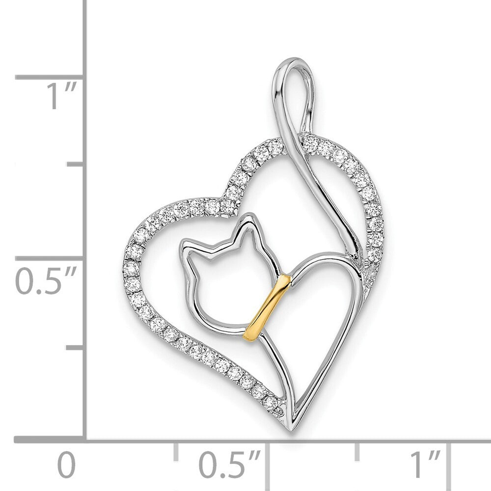 Sterling Silver Rhodium-plated Gold-tone Cubic Zirconia Cat in Heart Pendant
